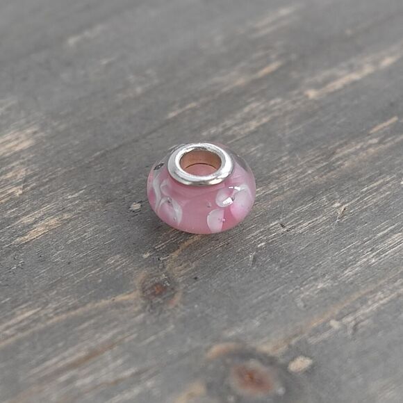 Murano Glass Style Pink Spacer Charm Bead Silver Tone Floral Pattern 5mm Opening - Picture 3 of 5